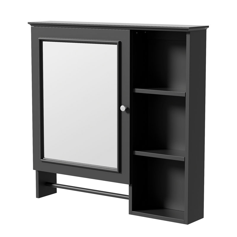 Armoire de rangement murale pour salle de bain, armoires à pharmacie avec grande porte miroir, tablettes réglables et trois niveaux de rangement ouverts (meuble-lavabo non inclus)