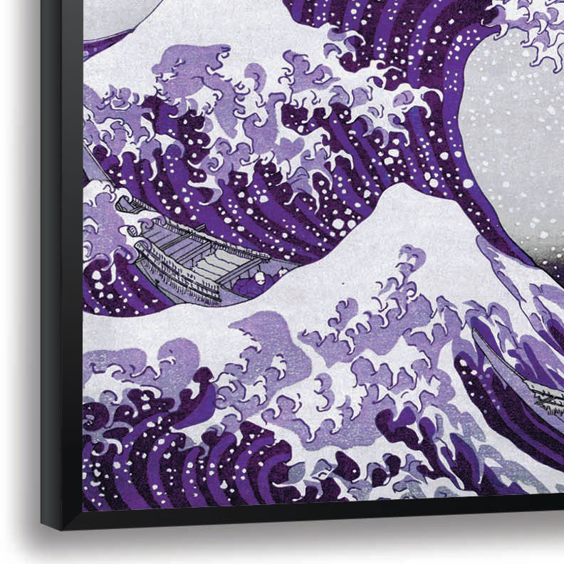 « the great wave » par katsushika hokusai,, reproduction d’art encadrée en mauve et gris, H 22 po x l 28 po