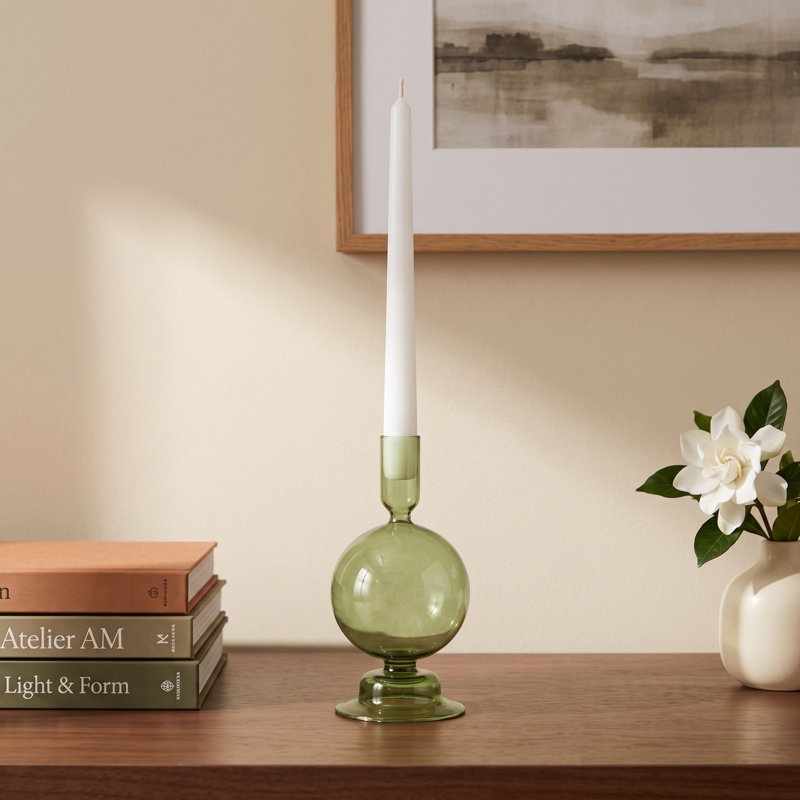 Rupani 7" H Glass Taper Tabletop Candle Holder, Green