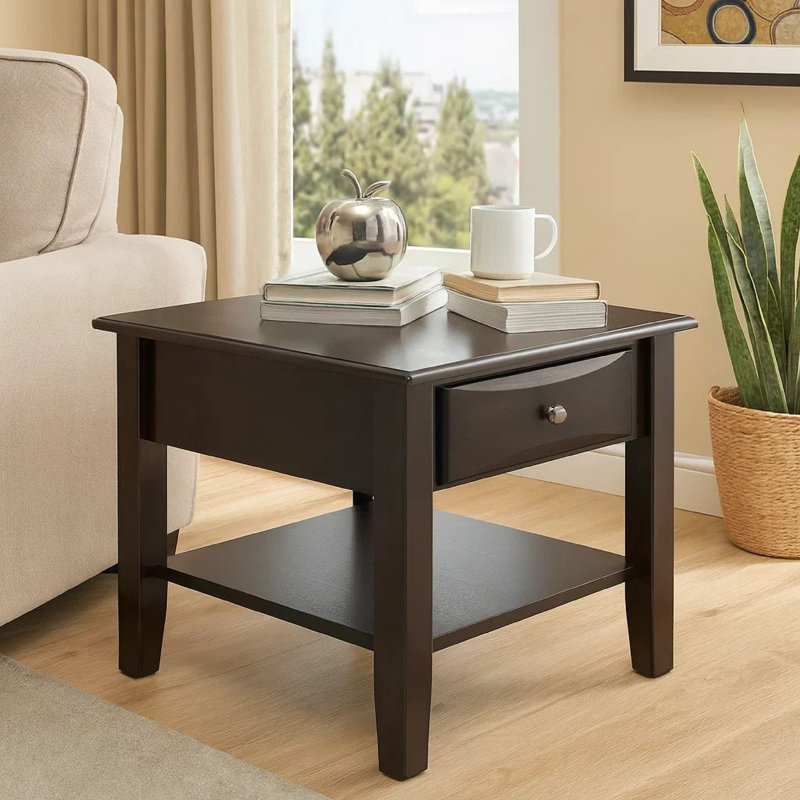 Table de bout carrée classique 24 po, tiroir simple, tablette inférieure, bois brun