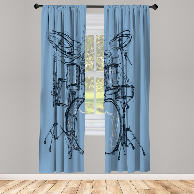 Microfiber Floral Semi-Sheer Rod Pocket Curtain Panels, 28" W x 84" L, Light Sky Blue/Black