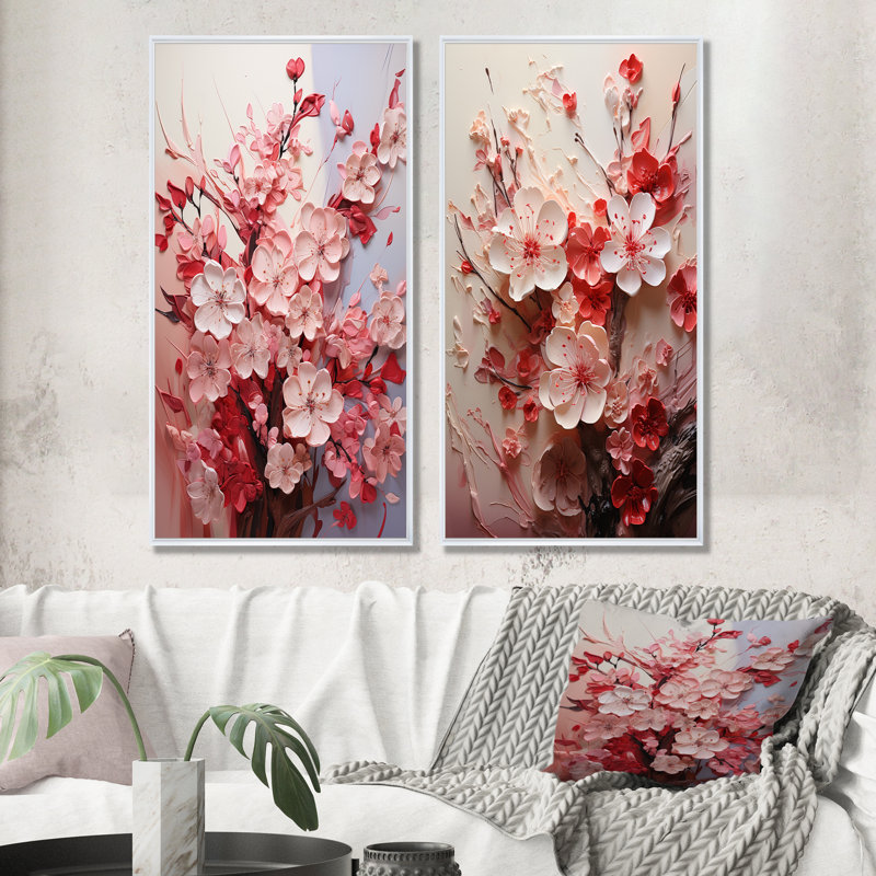 «Pink Orchard Tree Ballet Of Cherry Blossoms IV», ensemble de 2 impressions sur toile de cerisier, Cadre flottant blanc