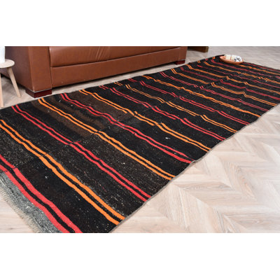 Handmade Turkish Kilim Striped Runner Rug in Black and Orange for Unique Bohemian Hallway Decor