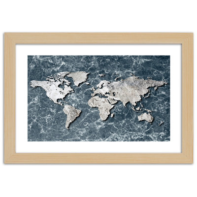 World Map in Marble Grey 1 Piece Single Picture Frame Wall Art