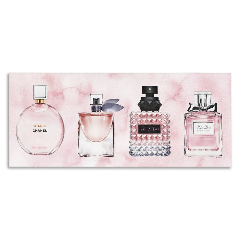 Pink Fashion Fragrance Bottles Pink Watercolor Pattern XL Stretched Canvas Wall Art by Amanda Greenwood, 17" H x 40" W