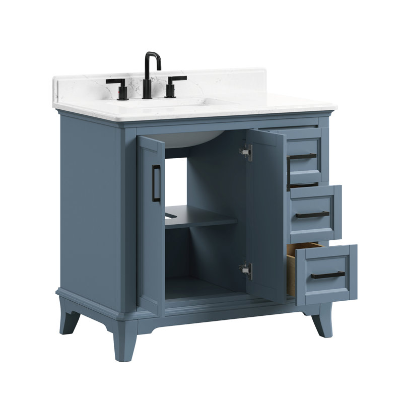 Free Standing Bathroom Vanity with Quartz Top, Matte Black, Steel Blue, 42"