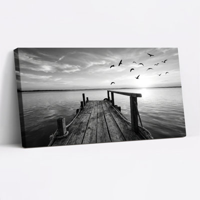 Coucher de soleil noir et blanc, coucher de soleil avec oiseaux, reproduction d'art sur toile tendue sur toile, ensemble de 1