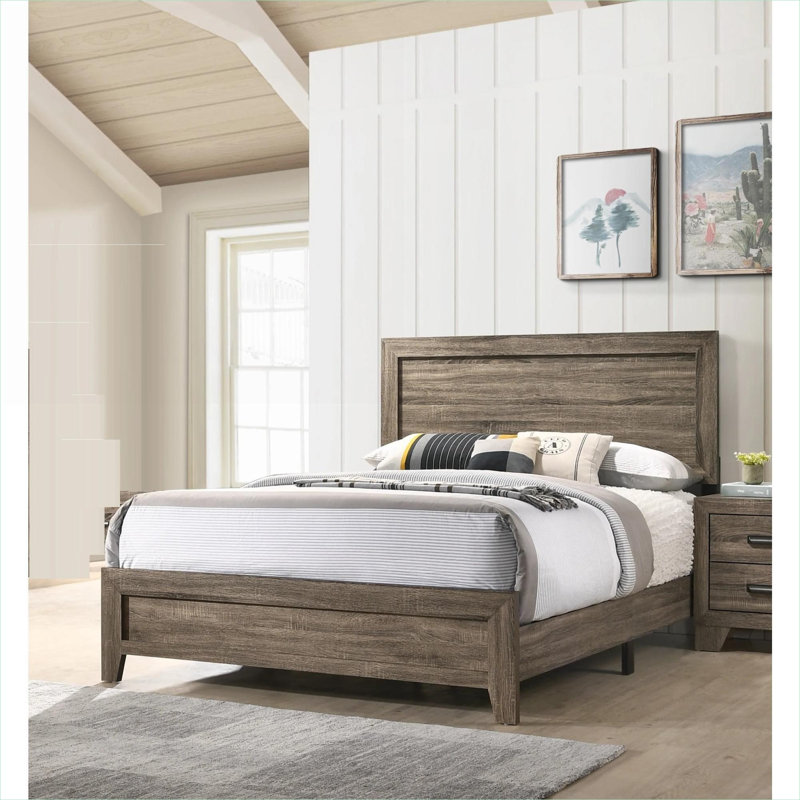 Upholstered Panel Bed Frame Contemporary Solid Wood King Size Classic Gray Bedroom Furniture