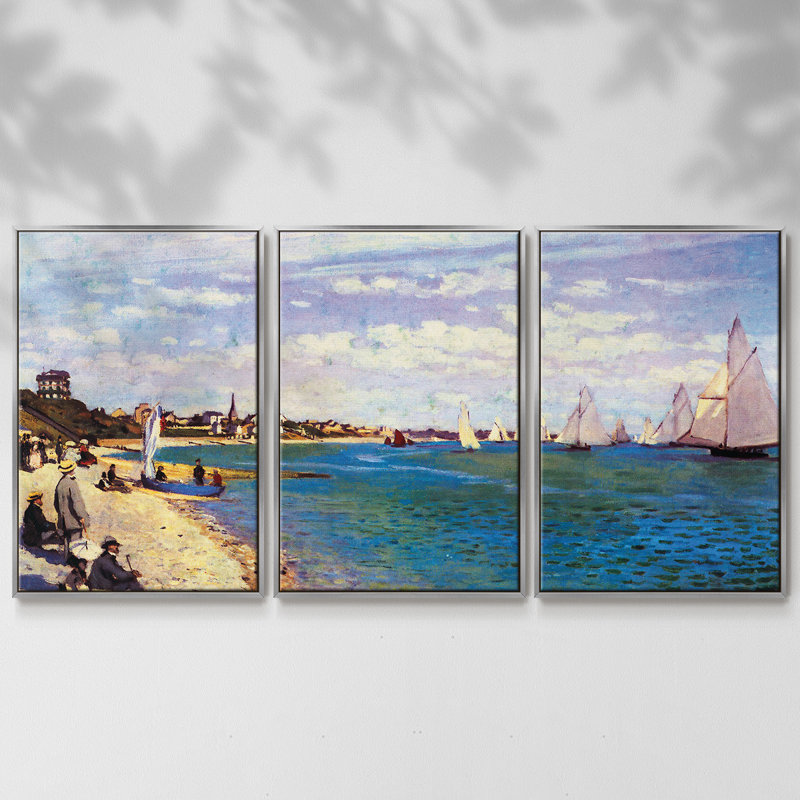 «The Beach at Sainte Adresse» par Monet - Toile encadrée à pièces multiples, H 36 po x l 75 po x P 2 po, Argent