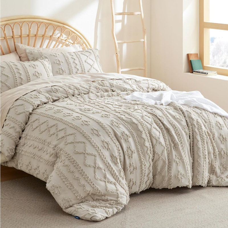 Ensemble d'édredon pour très grand lit - édredon vert olive, ensemble d'édredon touffeté de style Shabby Chic Boho, ensemble de lit de ferme 3 pièces pour toutes les saisons, ensemble de literie moelleux avec 2 taies décoratives