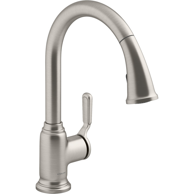 Robinet d'évier de cuisine à poignée simple avec douchette à deux fonctions Ludington, Acier inoxydable vibrant