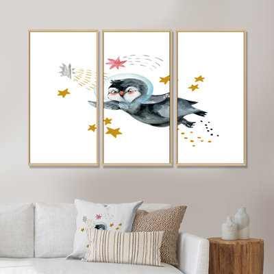 «Little Penguin Flying Stars and Planets I», reproduction de cadre flottant sur toile 3 pièces