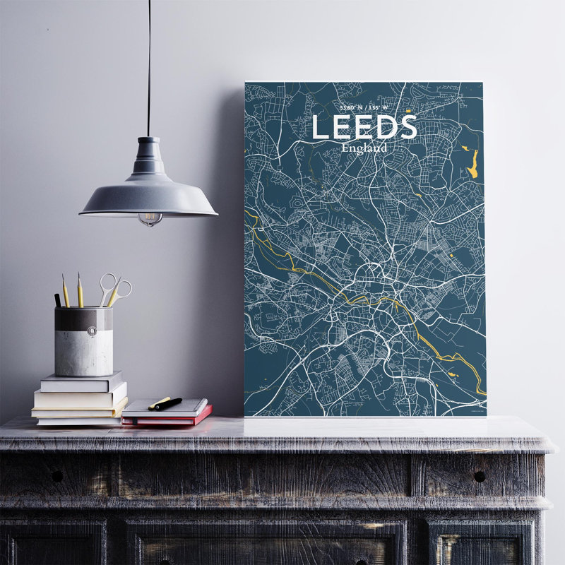 Carte de la ville de Leeds, impression, H 27,6 po x l 19,7 po, Bleu / Jaune