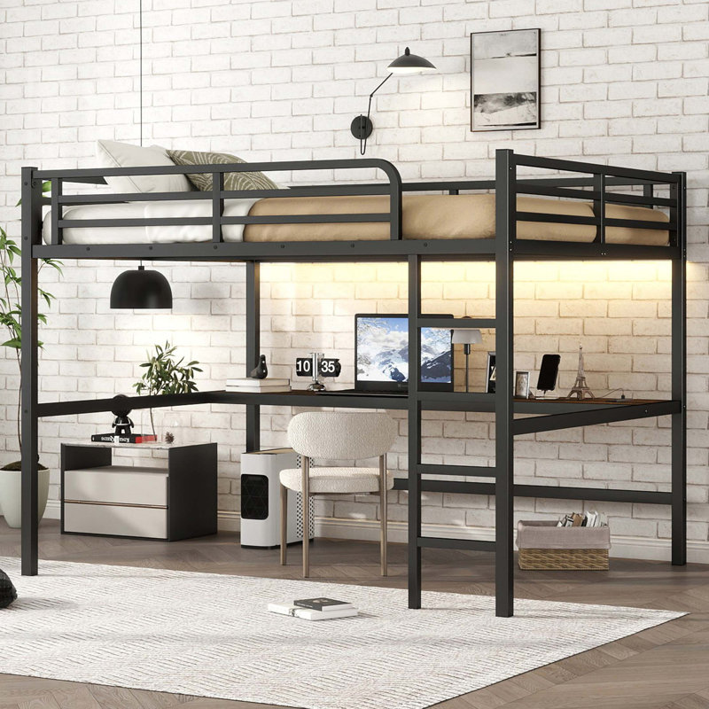 Metal Loft Bed With Power Outlet And LED Lighted, Space-Saving, Noise Reduced, Queen