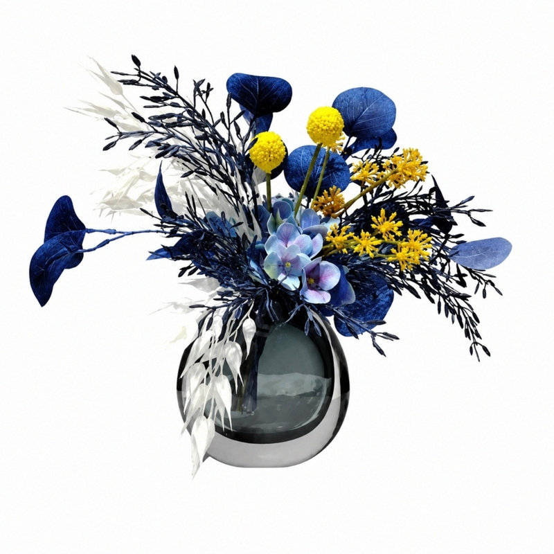 Arrangement floral de 13,4 po de style moderne bleu jaune avec vase en verre fumé, centre de table