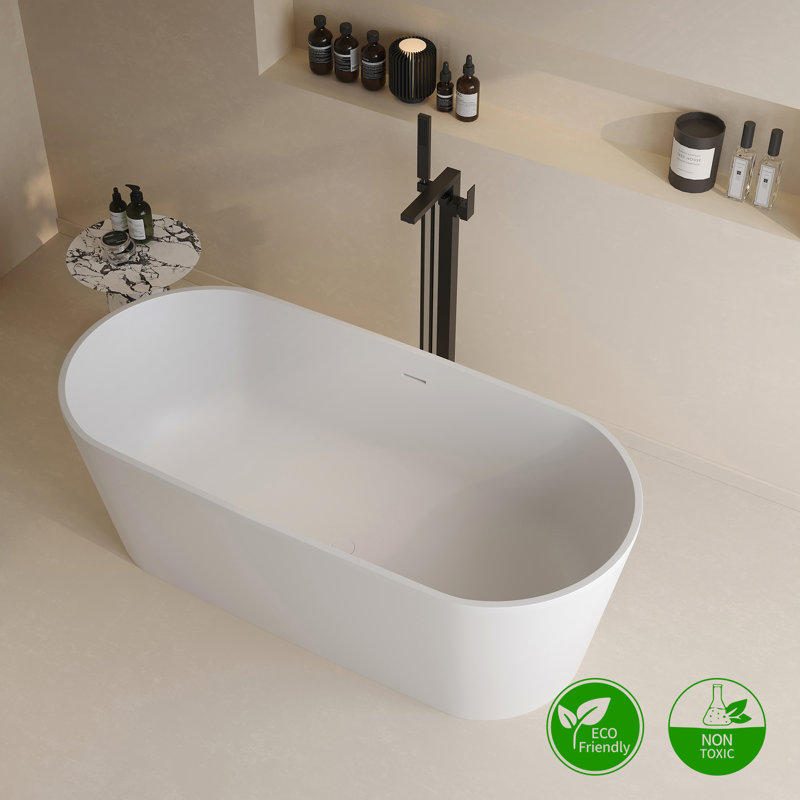 Rainlex 63" Matte White Stone Resin Freestanding Oval Bathtub