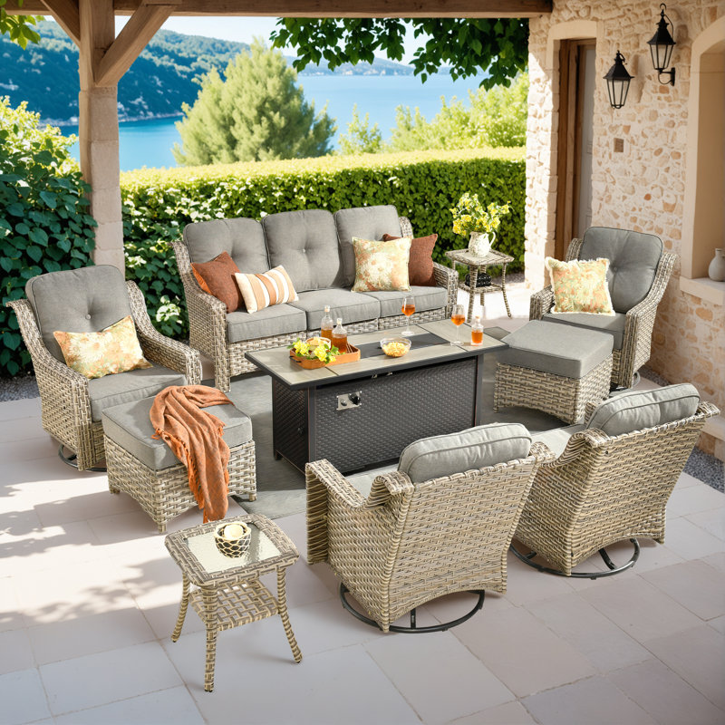 10- Person Rattan Outdoor Seating Group With Swivel Rockers and Fire Pit Table, Dark Gray