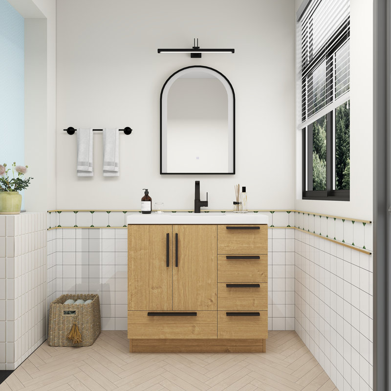 Meuble-lavabo autoportant avec tiroirs à droite Carla, Chêne naturel, 35"