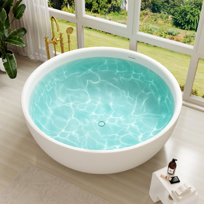 CASAINC 59" Round Solid Surface Freestanding Soaking White Bathtub With Drain