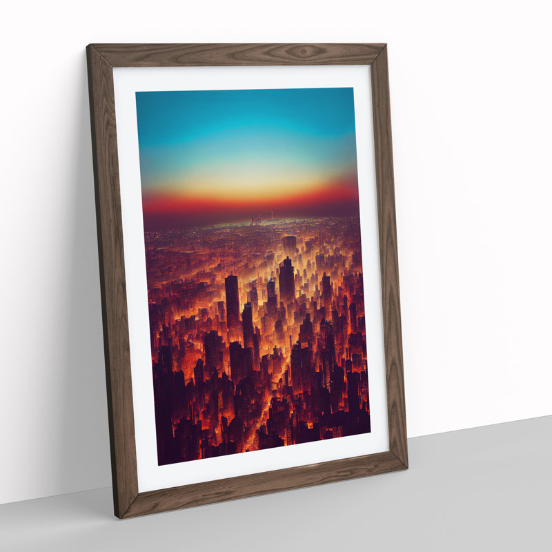 View Of A City Skyline No.3 - Single Picture Frame Painting, 64cm H x 46cm W x 2cm D, Walnut Framed