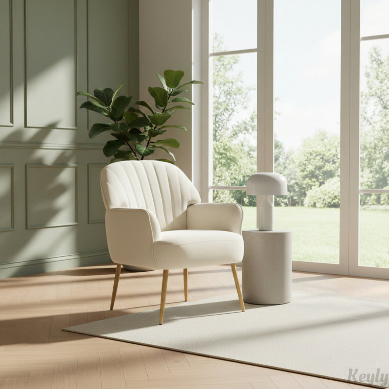 Velvet Accent Chair, Modern Upholstered Living Room Chairs, Luxury Single Sofa Armchair with Metal Legs, Comfy Barrel Chairs for Living Room, Waiting Room, Bedroom, Office and Cafe, Beige