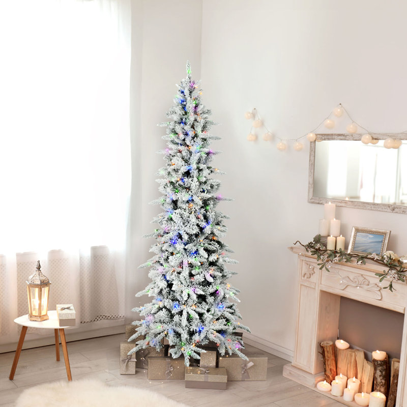 Slim Flocked 7.5-Foot Mountain Pine Christmas Tree with Multicolor LED Lights