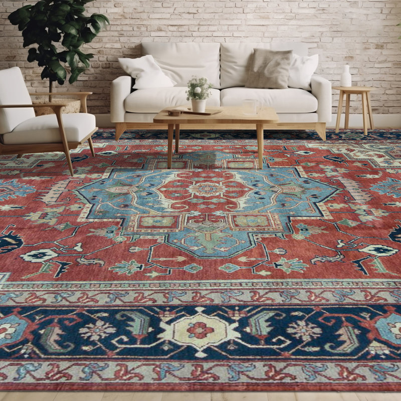 Hand-Knotted High-Quality Rust and Blue Area Rug
