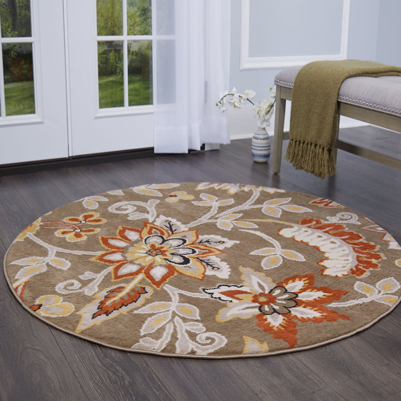 Tapis taupe à motif floral Mountview, Rond 7 pi 10 po