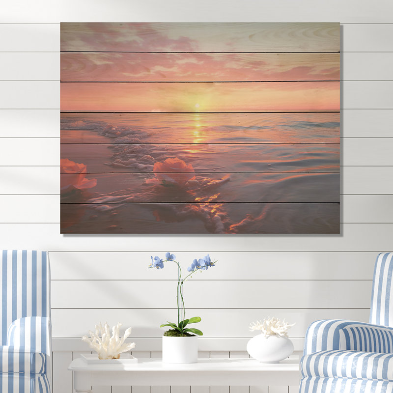 Beach Cotton Candy Sunset Skies I - Coastal Sunset On Wood Print, 10" H x 20" W