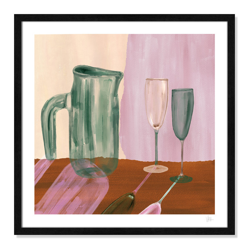 «Jug and Champagne Flutes Print» par Violets Print House, L 23,5 po x H 23,5 po, Impression encadrée, Grain de bois noir