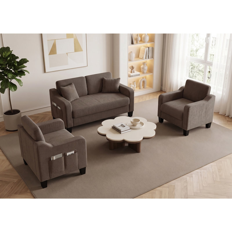 Ensemble de salon, canapé compact et fauteuil de style moderne Mid-Century 3 pièces pour petits espaces, Brown-Grey