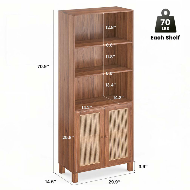 Bibliothèque avec portes en rotin, 5 tablettes de rangement en bois, Naturel