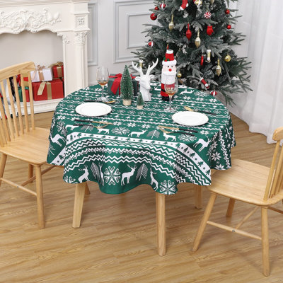 Round Waterproof Christmas Tablecloth – mark Resistant Table Cover – Snowflake & Reindeer Print, Easy Clean – Ideal for Holiday Dining & Parties – 60" Round – Green background (Germany)