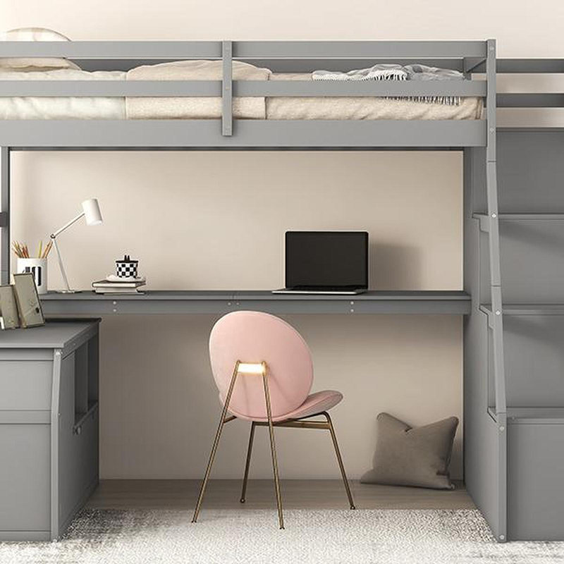 Lit mezzanine simple avec 7 tiroirs, 2 tablettes et bureau - Gris