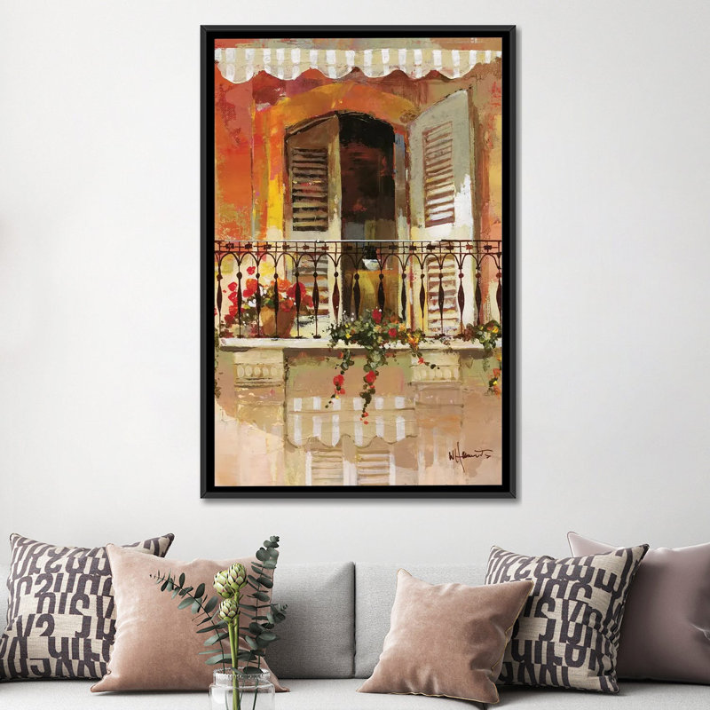 « balcon i », reproduction sur toile, H 26 po x l 18 po x P 1,5 po, Toile avec cadre noir, Pas de tapis