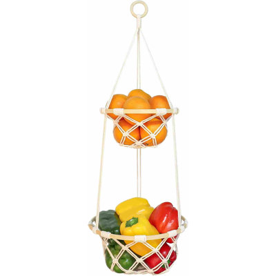 Panier de fruits suspendu à 2 niveaux en macramé, porte-légumes boho pour le rangement des aliments de cuisine avec crochet, organisateur multi-produits en coton bohémien, décor de support à plantes pour le salon, cadeau de Noël pour les femmes