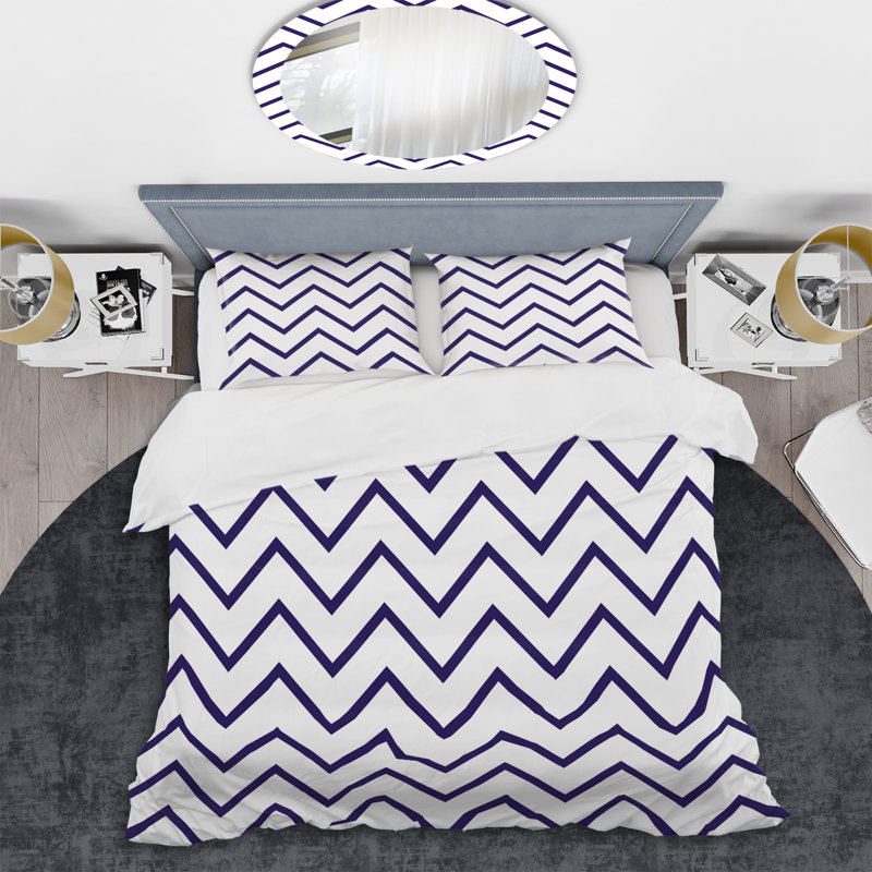 Chevron bleu en zigzag - ensemble de housse de couette abstrait - microfibre de polyester