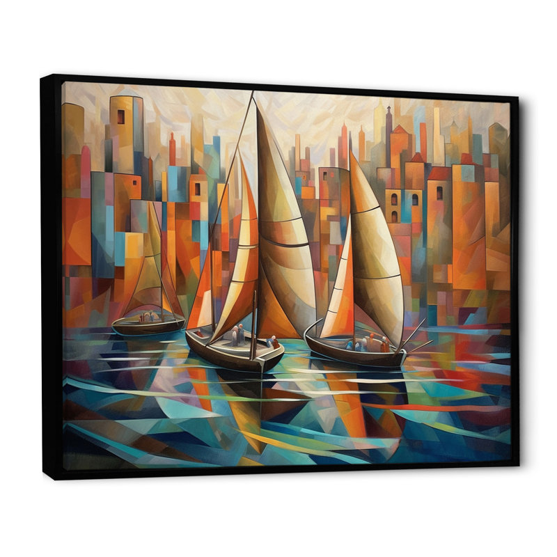 Abstrait voiliers au coucher du soleil, minimalisme cubiste sur toile, H 24 po x l 32 po x P 1 po, Cadre flottant noir