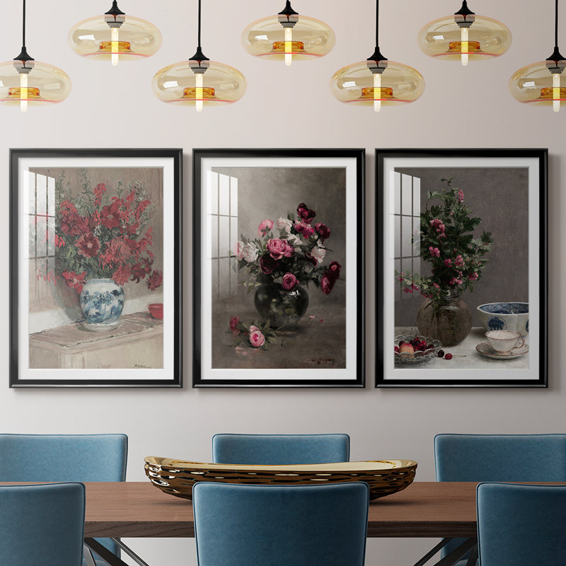 Imprimé floral rétro CCLVI - impression encadrée sur mesure de qualité supérieure - 3 pièces, H 27 po x l 39 po, Noir