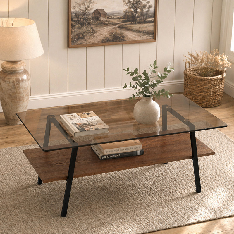 Table basse rectangulaire, plateau de table en verre trempé avec pieds en métal, Brown, Brown/Black