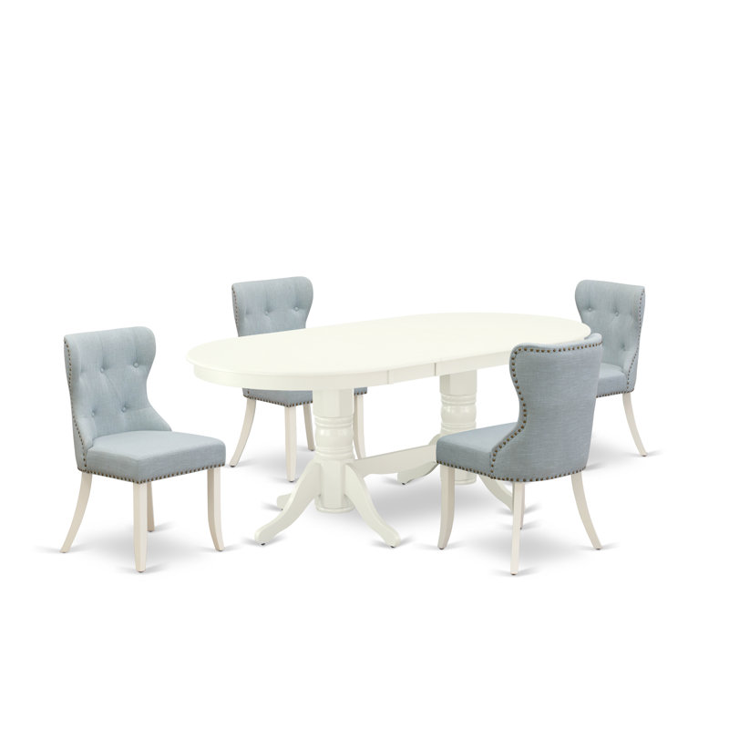 5 Piece Dining Room Table Set Includes an Oval Wooden Table with Butterfly Leaf and 4 Baby Blue Linen Fabric Upholstered Chairs, Linen White