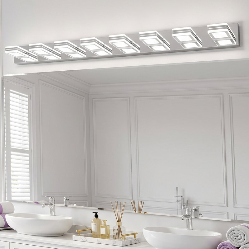 Applique murale moderne de salle de bain à 8 lumières DEL en chrome poli de 52 pouces, à placer au-dessus d'un miroir