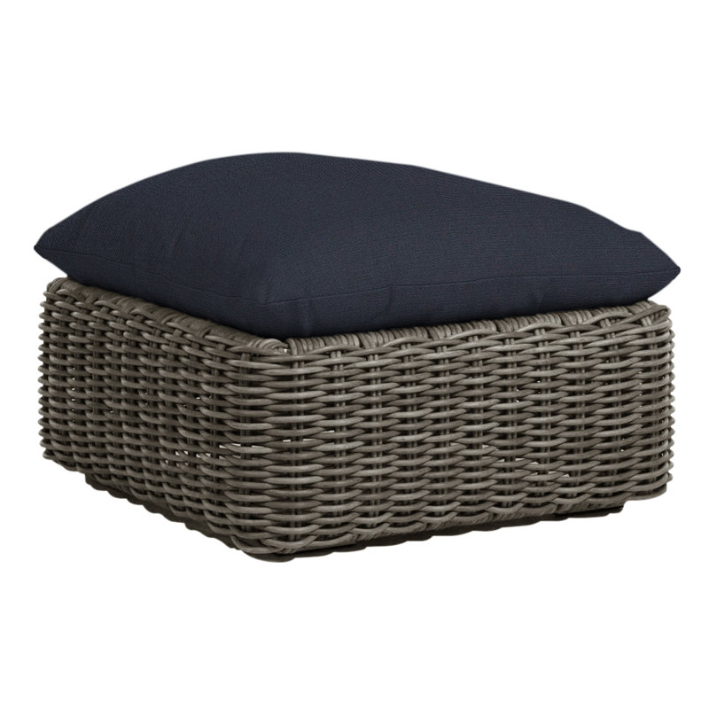 Montecito Outdoor Ottoman with Cushion, No Welt, Raffia, Linen Navy