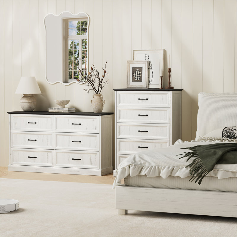 Ensemble de chambre à coucher 3 pièces Hallah, commode 8 tiroirs et 2 tables de chevet avec tiroirs Hallah, Gris / Blanc