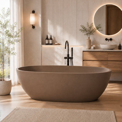 62.8" x 30.3" Brown Concrete Oval Deep Soaking Freestanding Bathtub