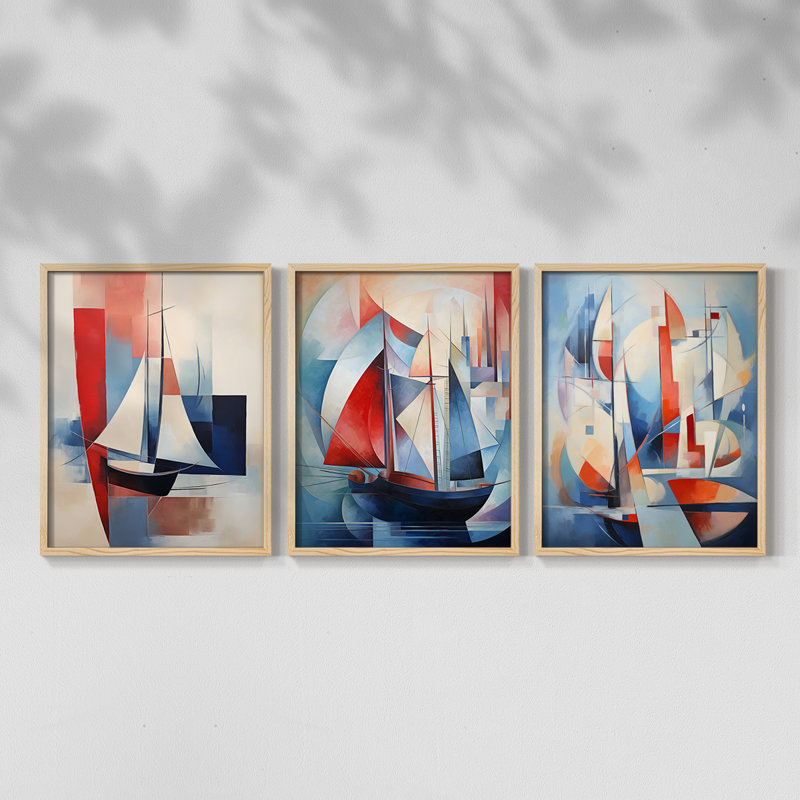 Série Sea and Shore Lxxxix - Ensemble de 3 estampes numériques encadrées - Prêt à être accroché, Encadré naturel