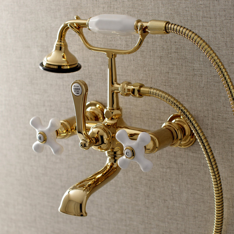 Kingston Brass Aqua Vintage Three-Handle 2-Hole Tub Wall Mount Clawfoot Tub Faucet with Hand Shower, Polished Brass