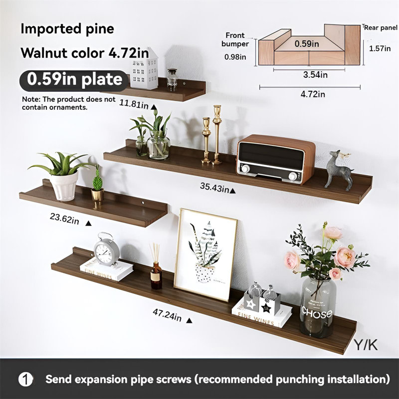 Solid Wood Floating Wall Shelf, 1.57" H x 47.24" W x 4.72" D