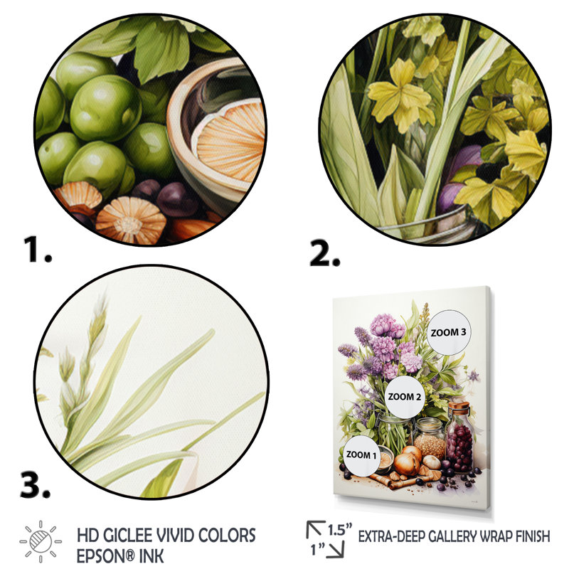 «Purple Green Food Herbs A Delicate», reproduction d'art sur toile, H 40 po x l 30 po x P 1,5 po, Cadre photo blanc