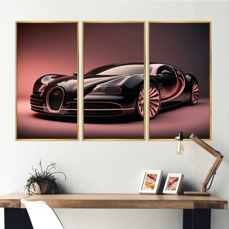 «Visionary Bugatti Design» en noir et magenta - impression sur toile 3 pièces, L 36 po x H 28 po, Encadrement doré